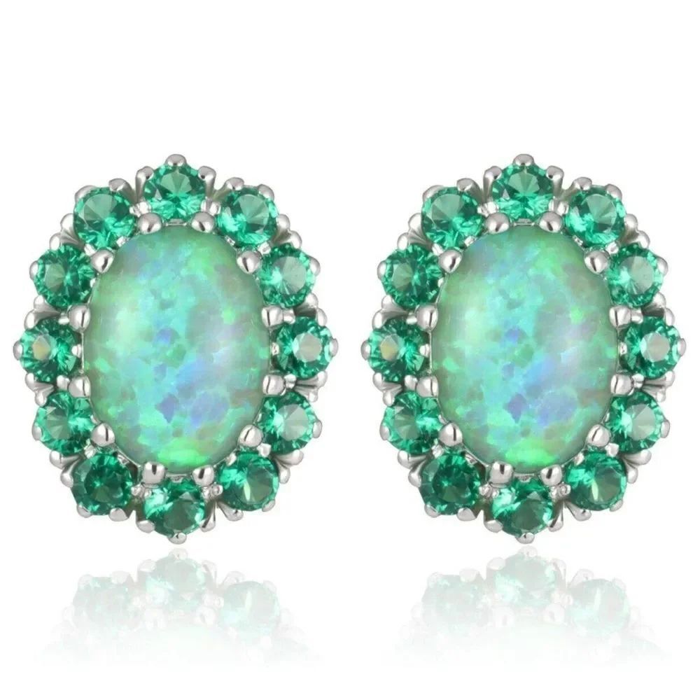 14K White Gold with Green Fire Opal and Green Quartz Oval Post Stud Earrings